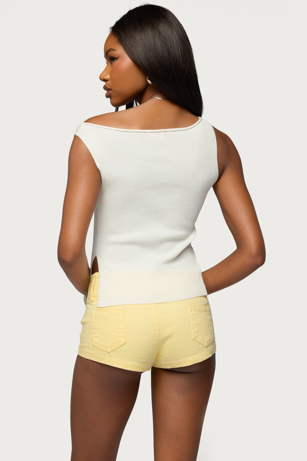 Myrah Asymmetric Off Shoulder Ribbed Knit Top