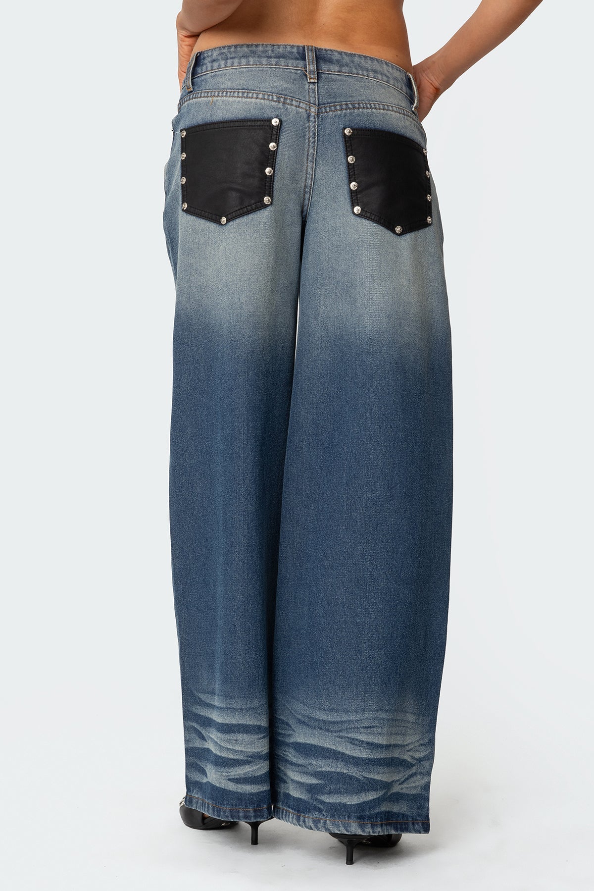 Faux Leather Pocket Low Rise Baggy Jeans