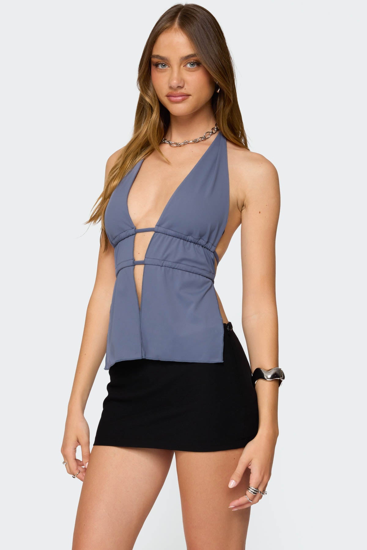 Nikole Split Front Backless Halter Top