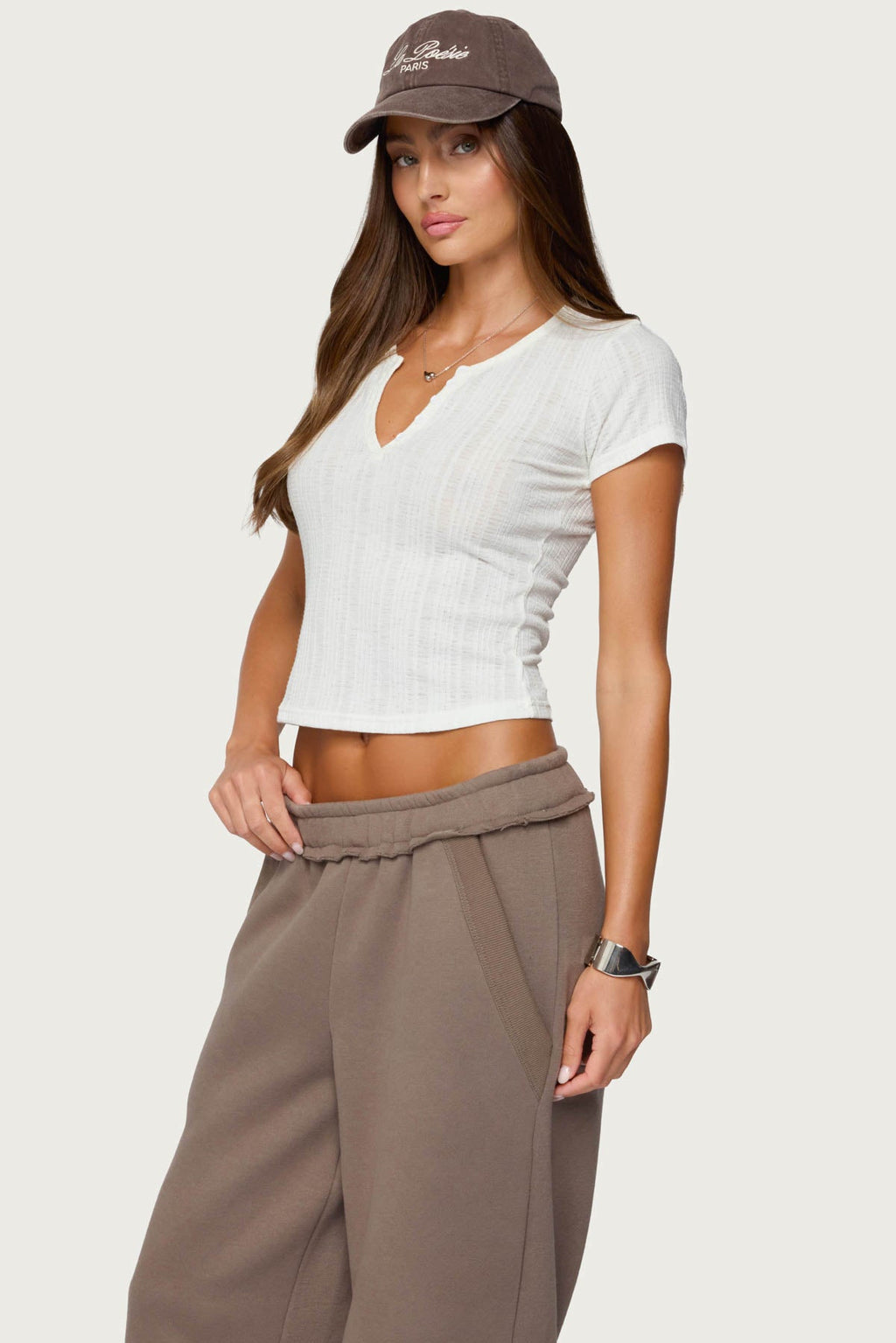 Semi Sheer Ribbed V Neck T Shirt