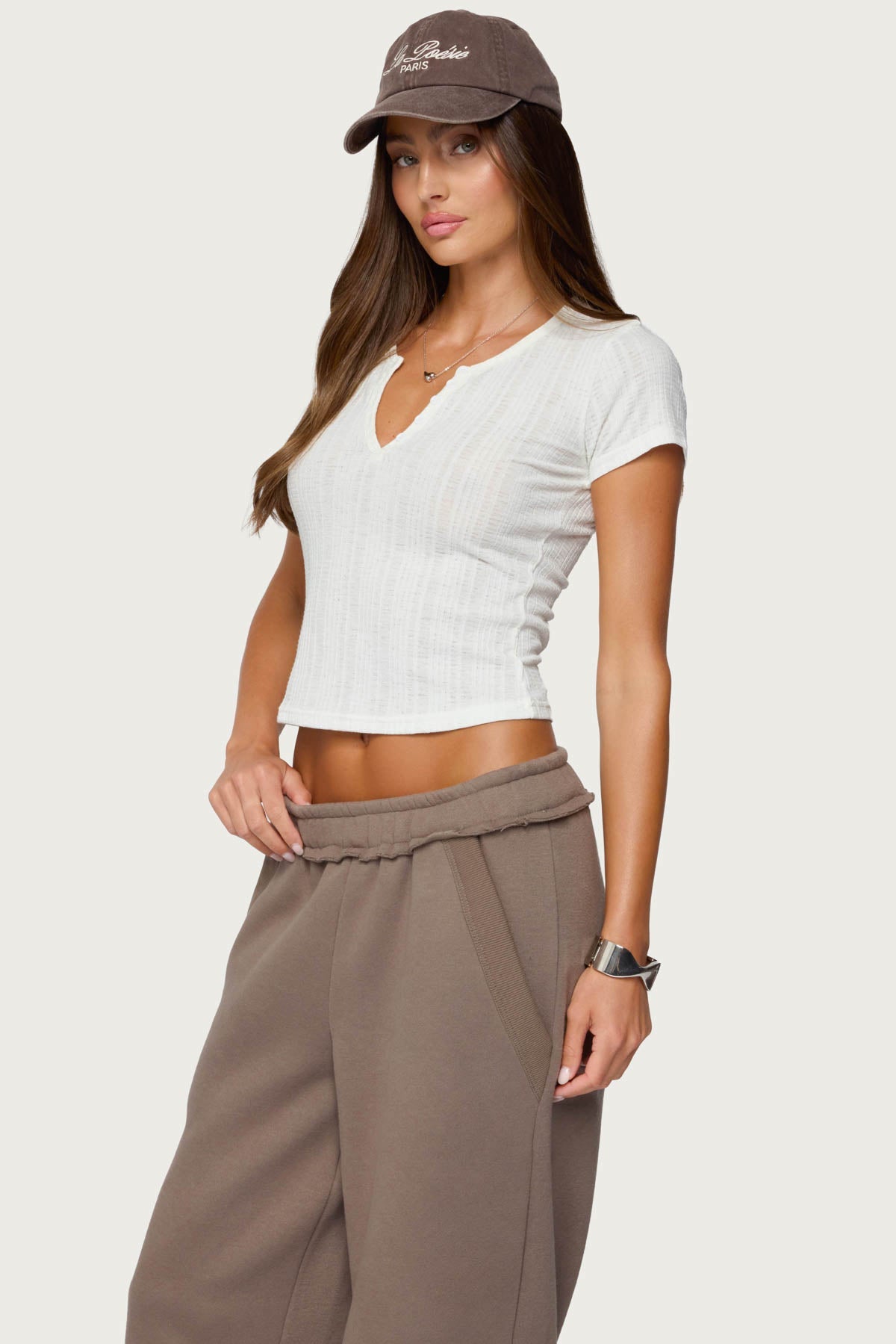 Semi Sheer Ribbed V Neck T Shirt