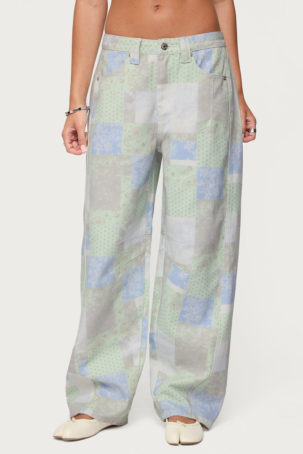 Patchwork Low Rise Barrel Leg Jeans