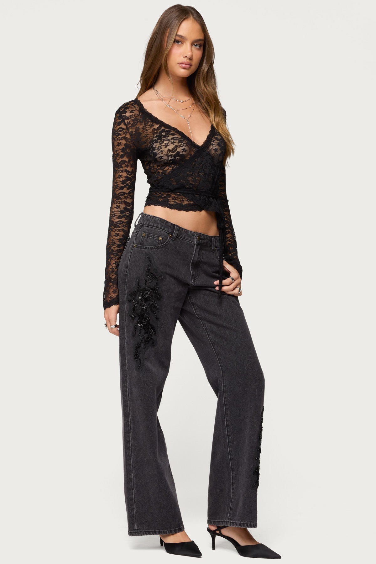 Rossa Beaded Low Rise Baggy Jeans