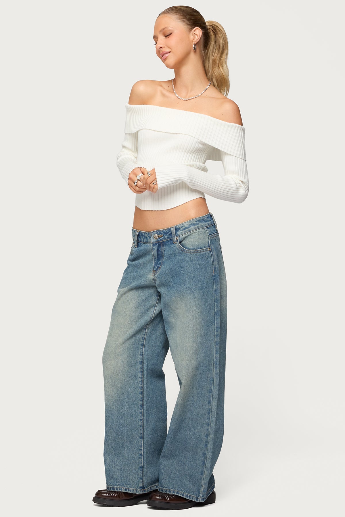 Petite Magda Acid Wash Low Rise Baggy Jeans