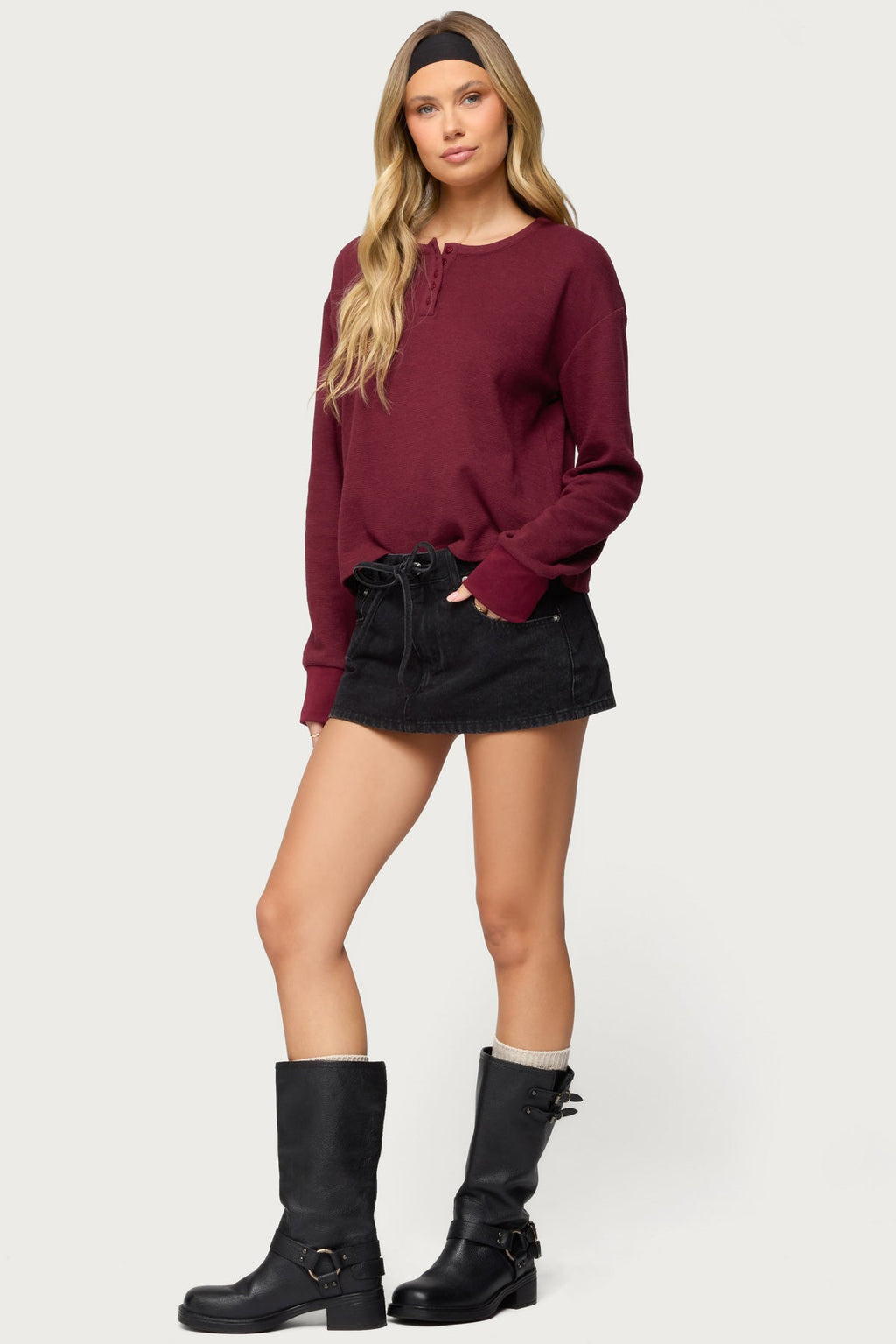 Deni Long Sleeve Henley Waffle Top