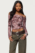 Off Shoulder Printed Sheer Mesh Top