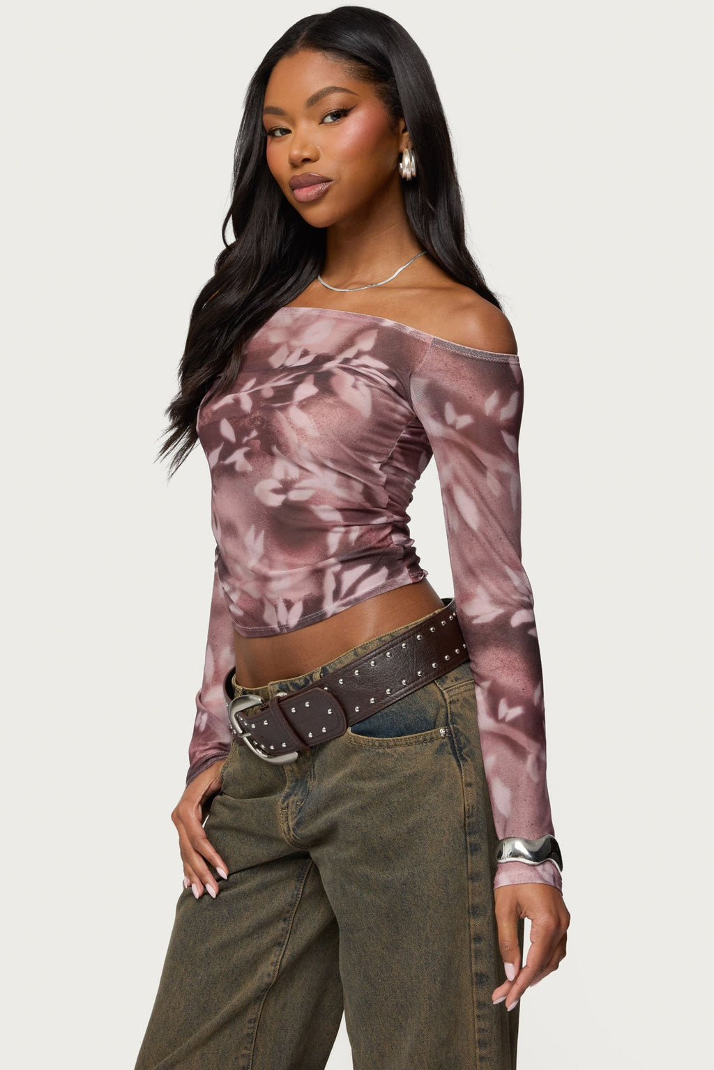 Off Shoulder Printed Sheer Mesh Top