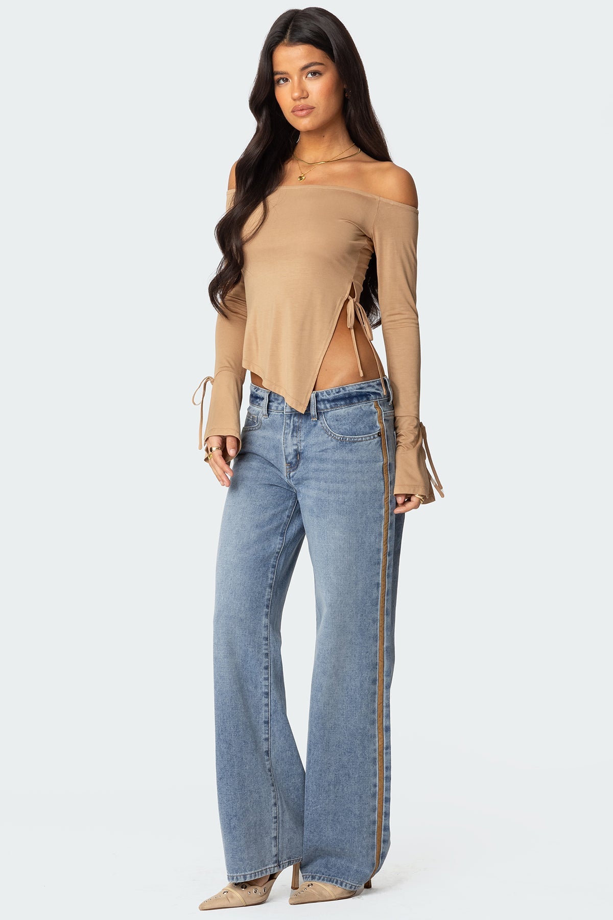 Faux Suede Stripe Low Rise Straight Leg Jeans