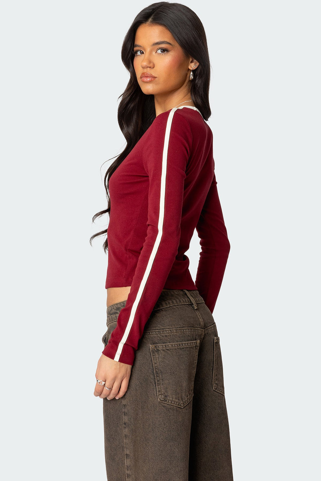 Contrast V Neck Long Sleeve T Shirt