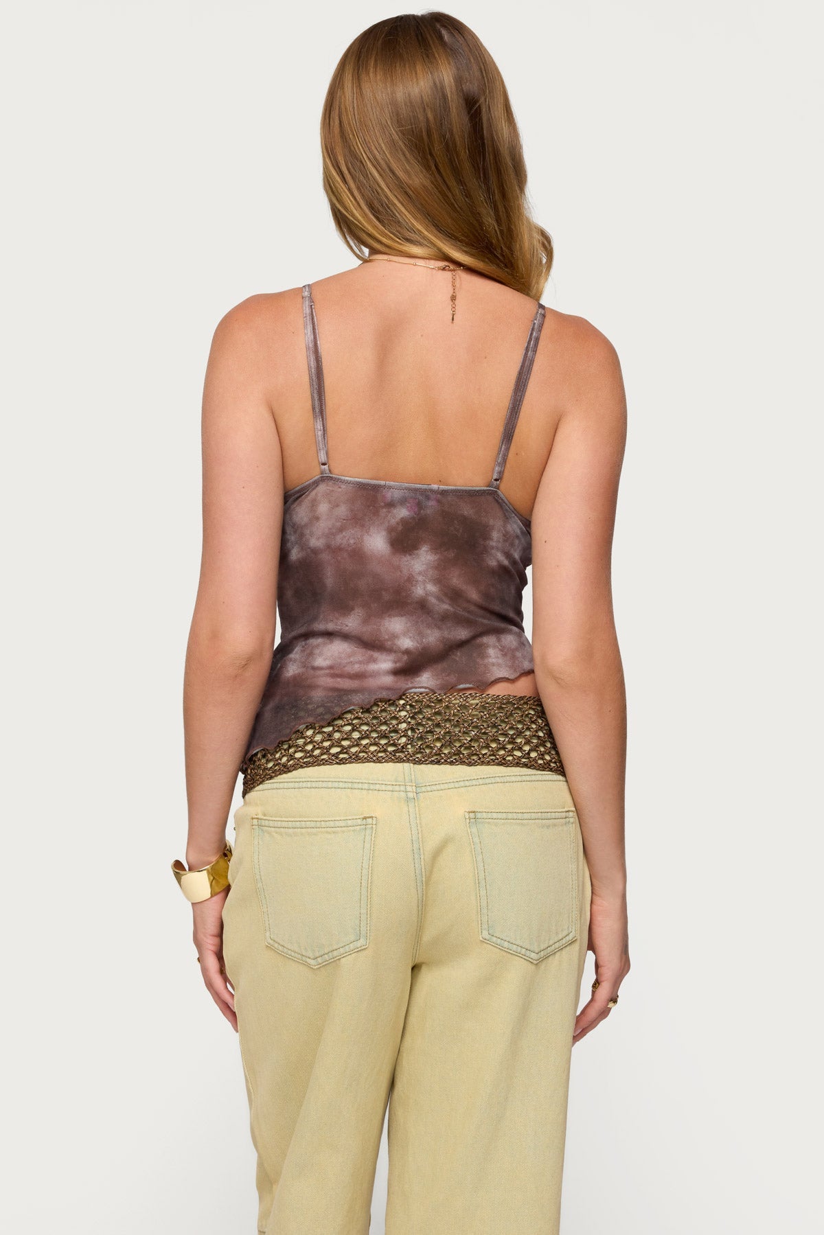 Embroidered Asymmetric Printed Mesh Top