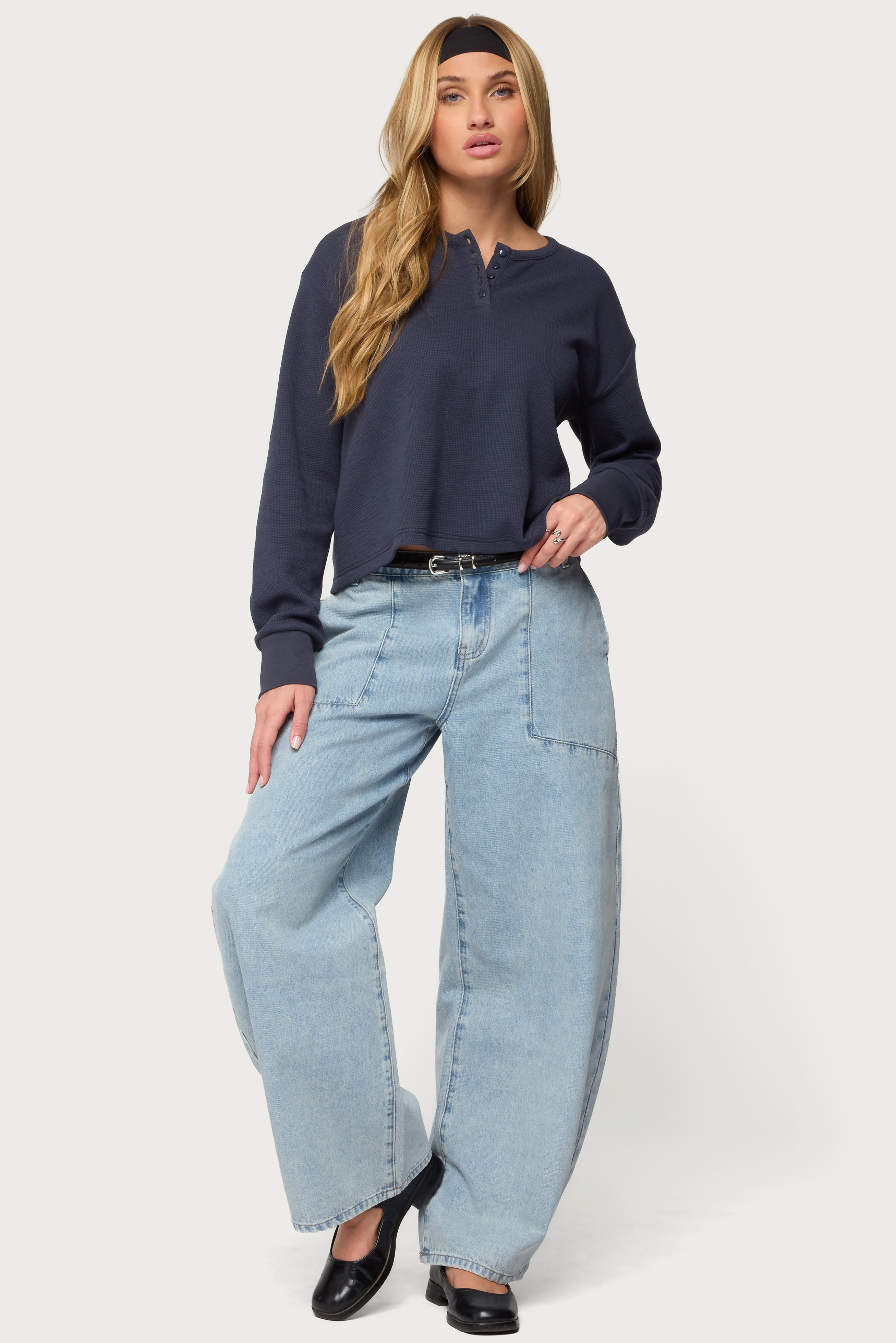 Deni Long Sleeve Henley Waffle Top