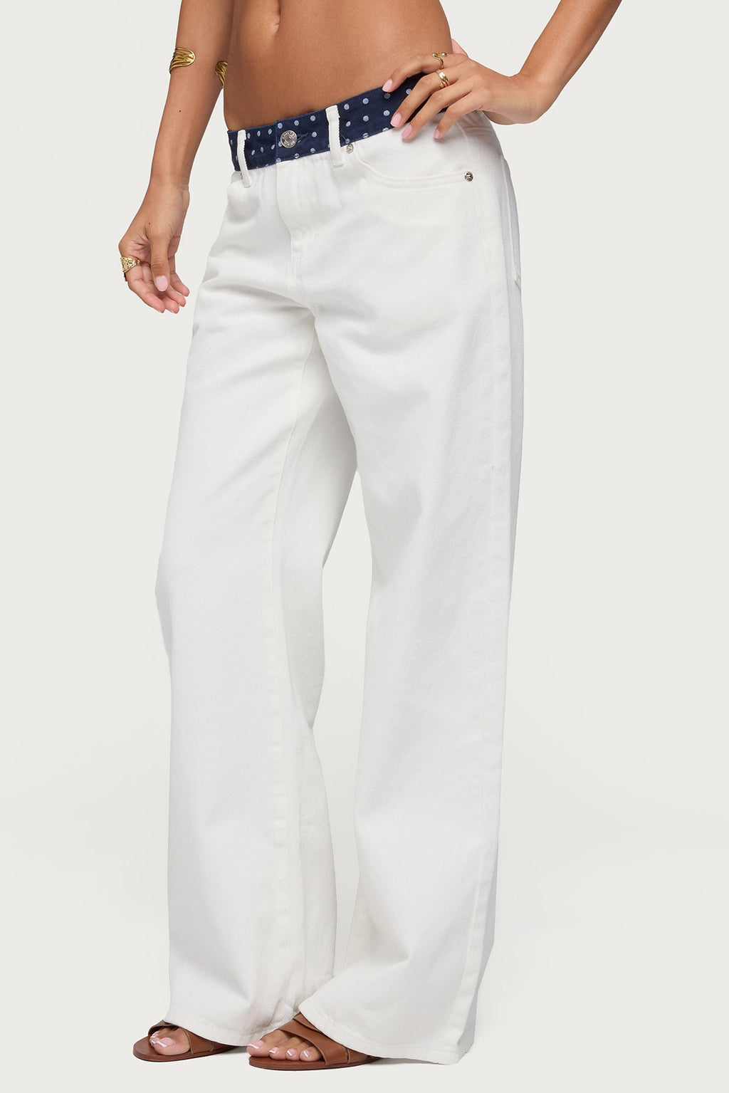 Polka Dot Waistband Low Rise Baggy Jeans