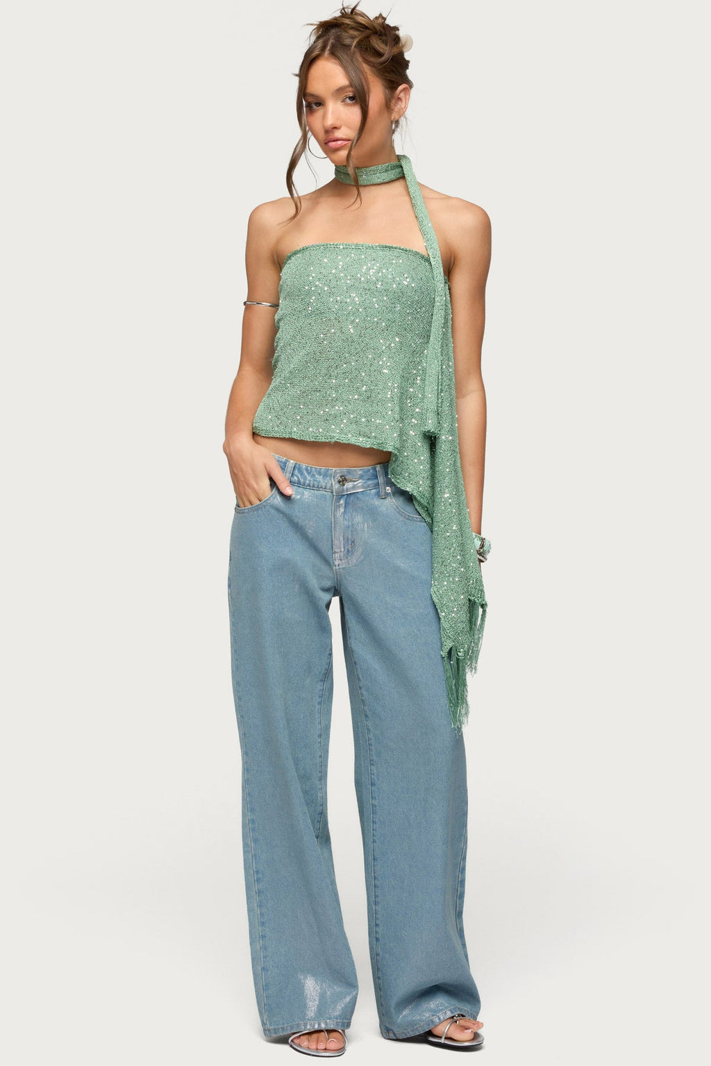 Two Piece Sequin Knit Scarf Top