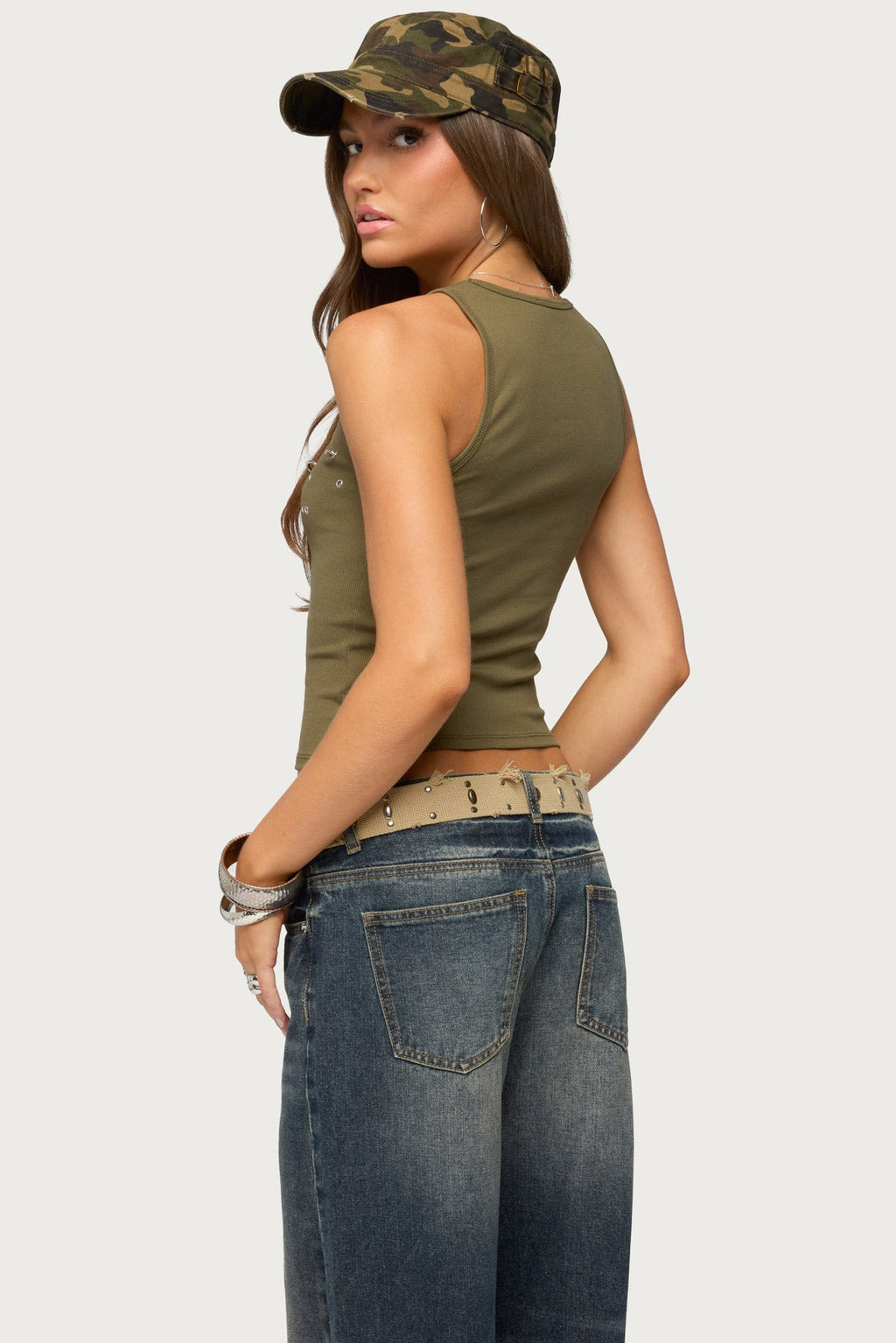 Pierced Grommet Ribbed Tank Top